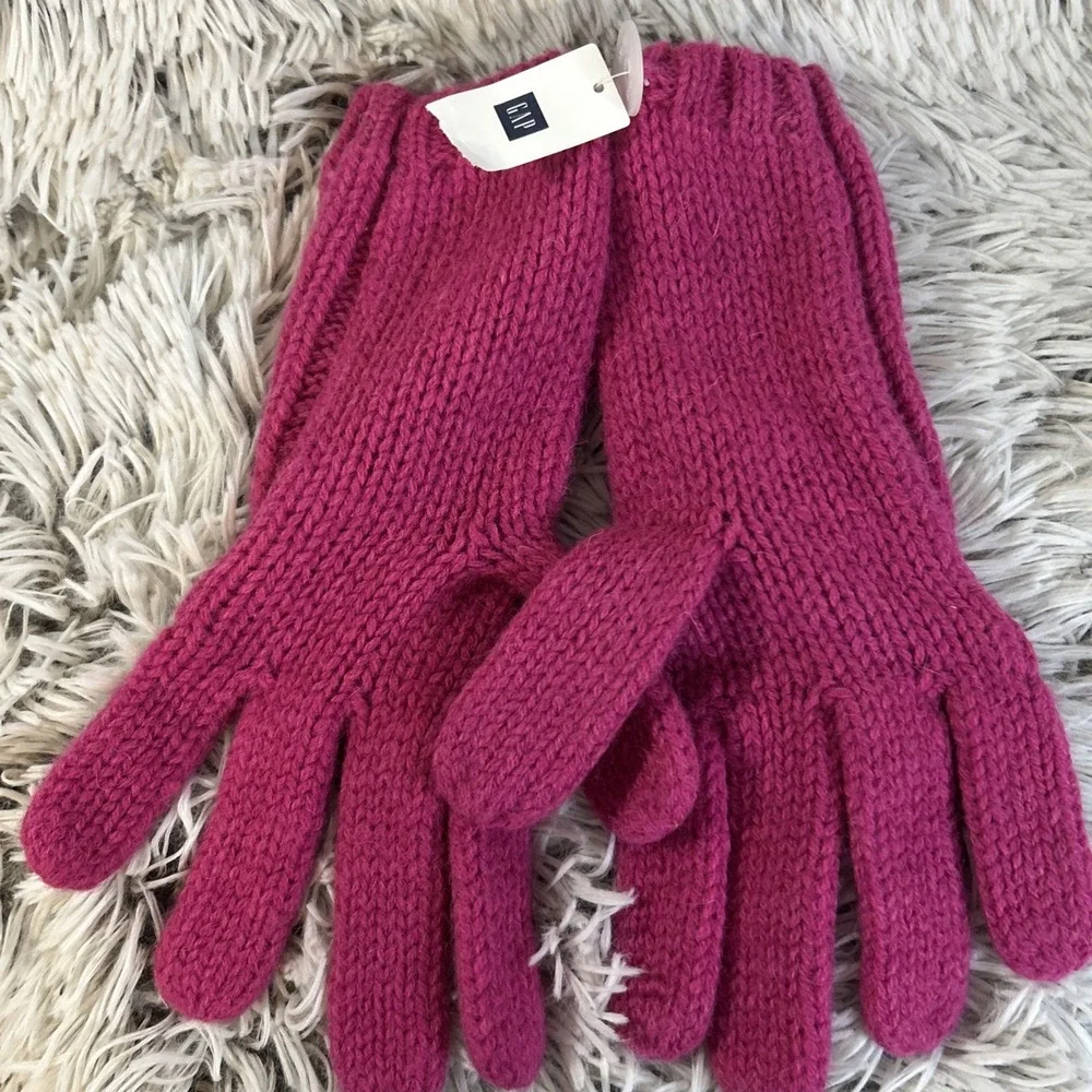 Vtg Y2K Pink Cable Knit Beanie O/S Winter Hat Gloves M/L Set GAP‎ Lamb's Wool